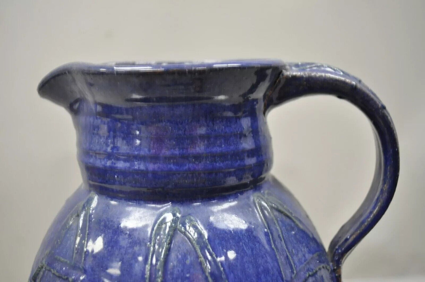 American Primitive Stoneware Blue Glazed Ceramic 11" Pottery Terracotta Jug