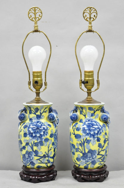 Vintage Chinoiserie Chinese Blue & Yellow Flower Small Porcelain Table Lamp Pair