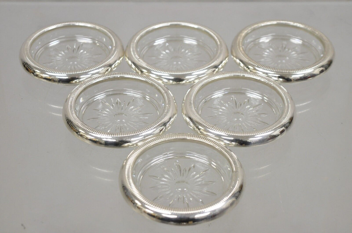 Vintage Regency Style Crystal Coasters with Sterling Silver Rims by Crown- 6 Pcs