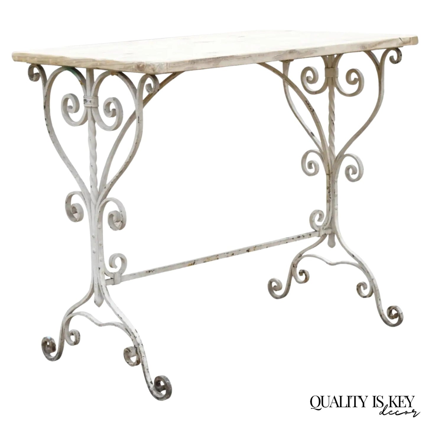 Antique French Art Nouveau Wrought Iron Scroll Wood Top 42" Potting Work Table