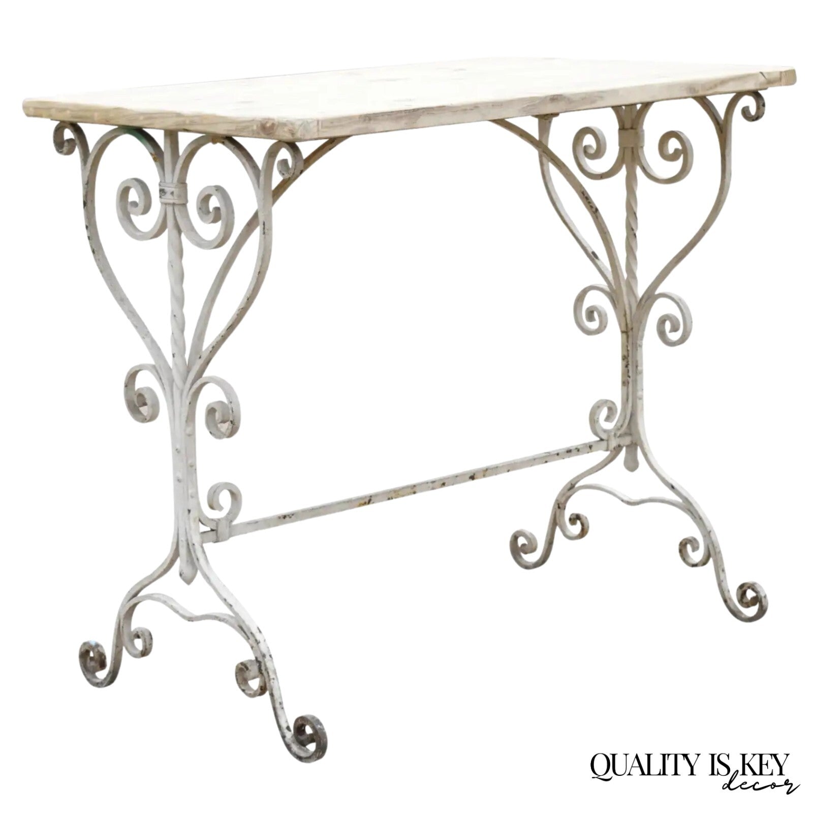 Antique French Art Nouveau Wrought Iron Scroll Wood Top 42" Potting Work Table