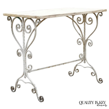 Antique French Art Nouveau Wrought Iron Scroll Wood Top 42" Potting Work Table