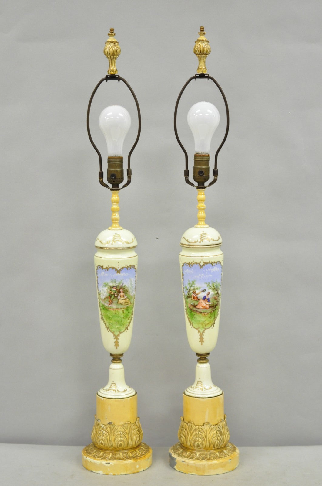 Antique French Renaissance Slender Porcelain Urn Hand Painted Table Lamps - Pair