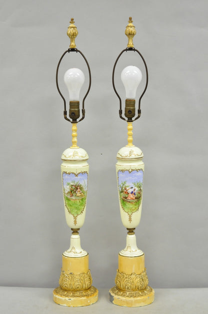 Antique French Renaissance Slender Porcelain Urn Hand Painted Table Lamps - Pair
