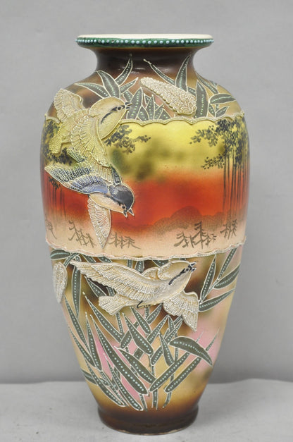 Antique Japanese Heavy Moriage Hand Painted Porcelain Oriental Bird Satsuma Vase