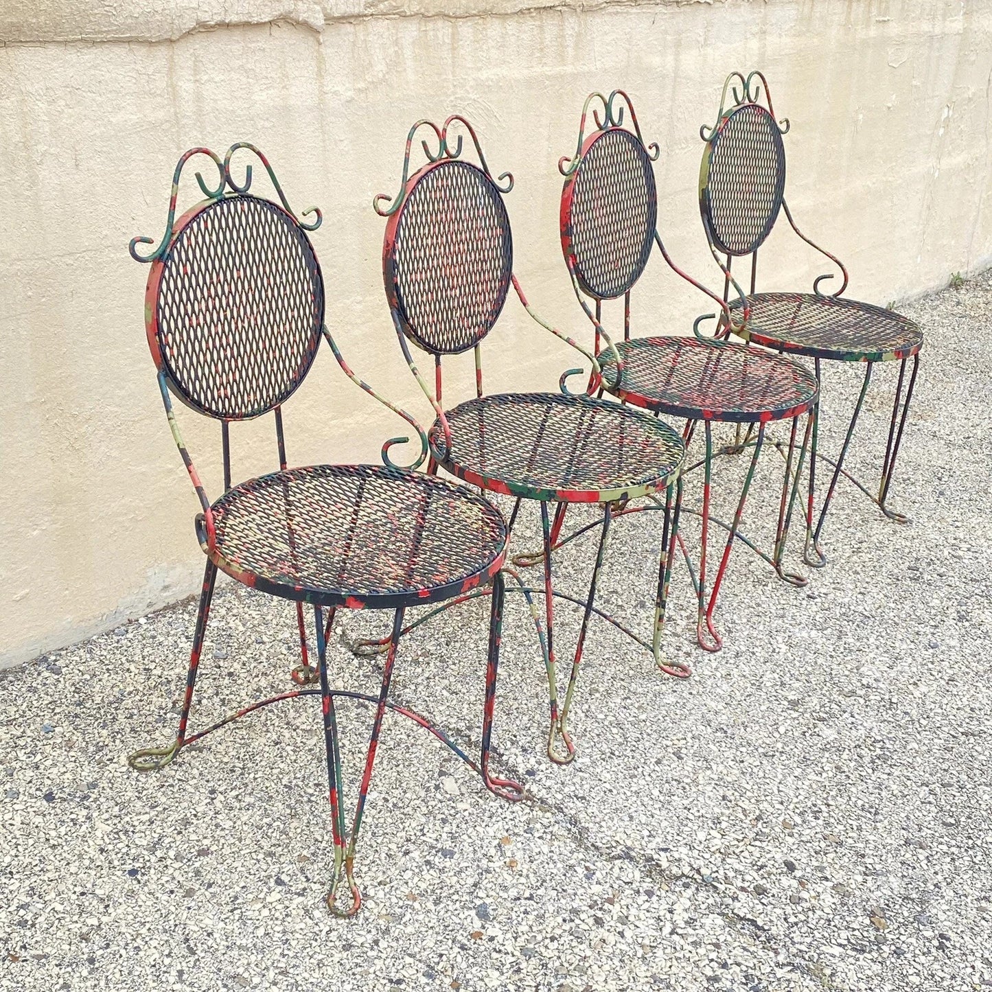 Vintage Victorian Style Small Wrought Iron Camo Paint Garden Patio Chair - Set 4