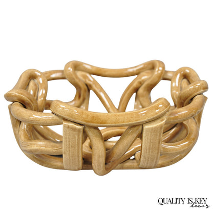 Vintage Modernist Brown Woven Pottery Clay Creations Ceramic Fruit Bowl Basket