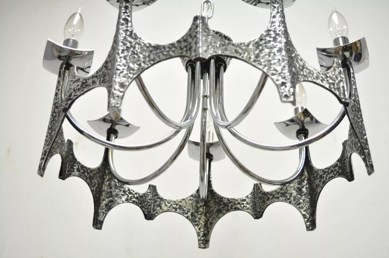 Vintage Mid Century Modern Mo Bridges Brutalist Hammered Chrome Chandelier