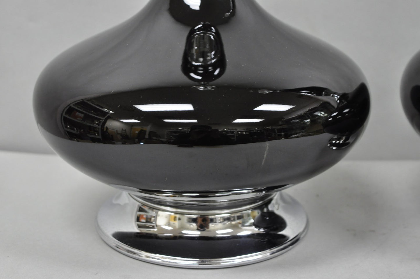 Vintage Mid Century Modern Black Glazed Ceramic & Chrome Table Lamps - a Pair