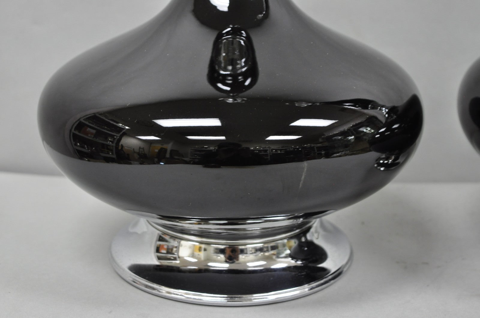 Vintage Mid Century Modern Black Glazed Ceramic & Chrome Table Lamps - a Pair