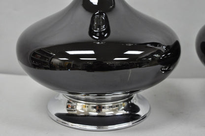 Vintage Mid Century Modern Black Glazed Ceramic & Chrome Table Lamps - a Pair