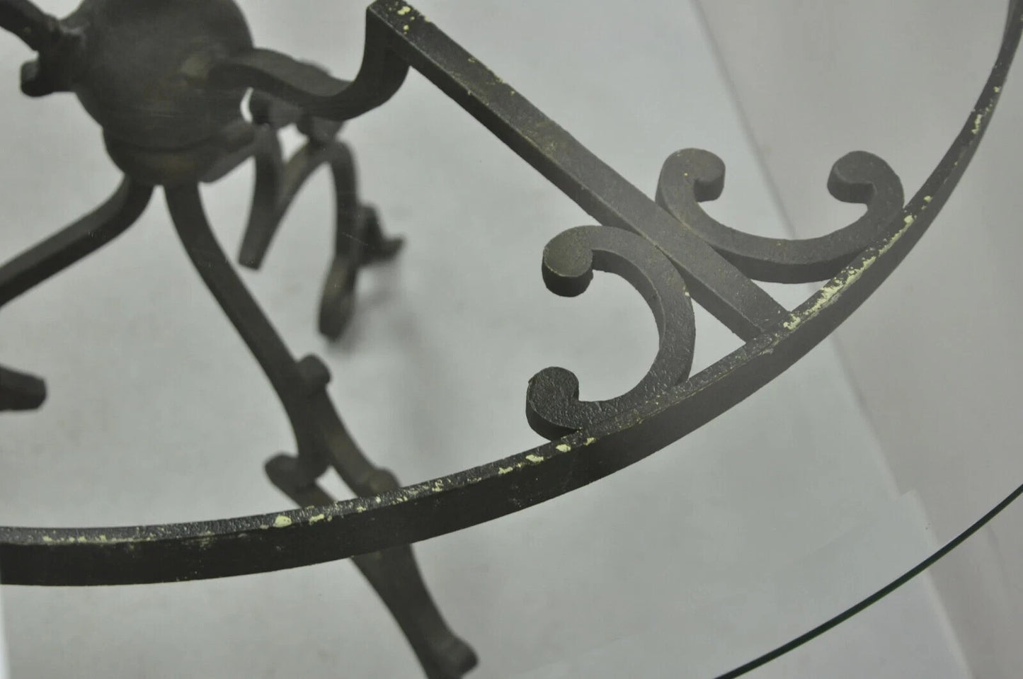 Vintage Gothic Style Wrought Iron Scrolling Base Round Glass Top Center Table