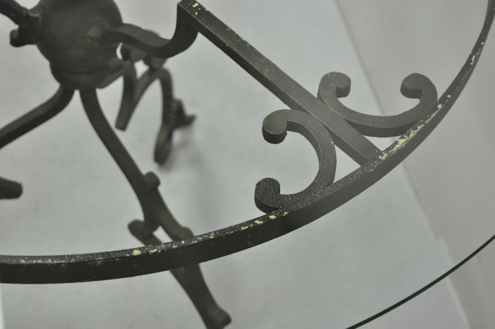 Vintage Gothic Style Wrought Iron Scrolling Base Round Glass Top Center Table
