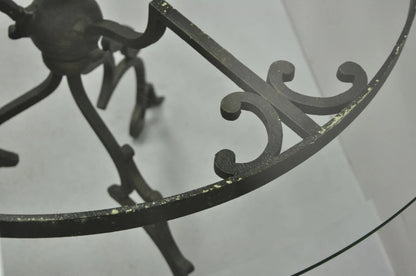 Vintage Gothic Style Wrought Iron Scrolling Base Round Glass Top Center Table