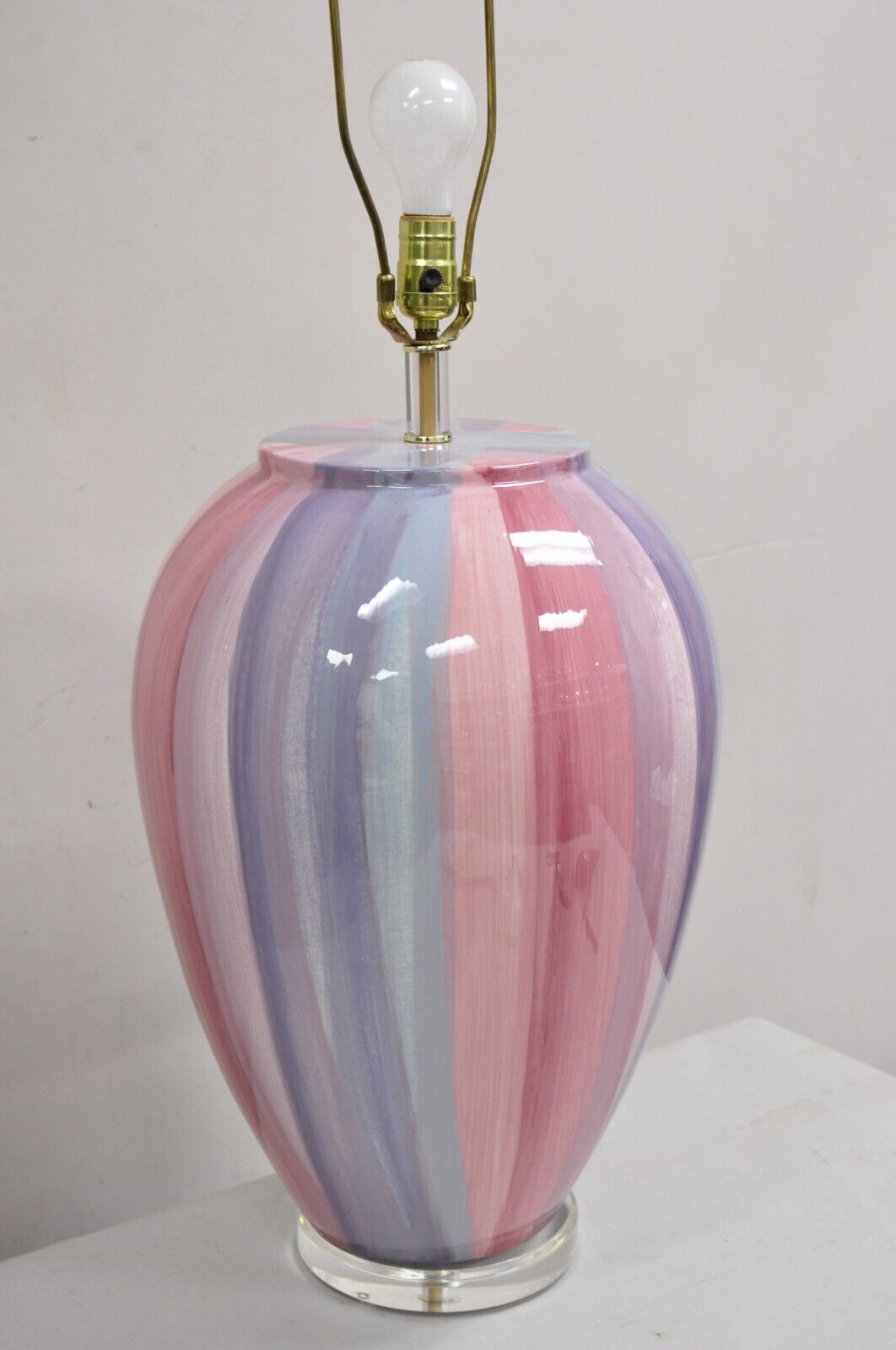 Vintage Postmodern Large Ceramic "Hot Air Balloon" Pink Striped Table Lamp