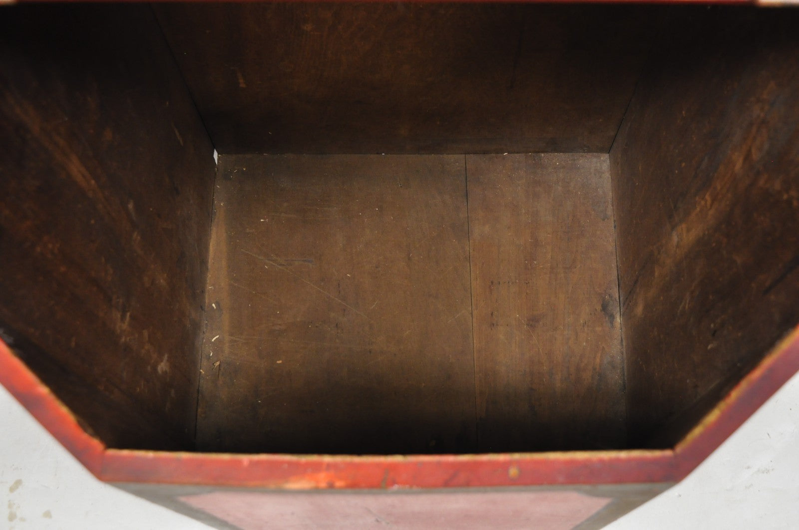 Antique British Colonial Red Painted Wooden Store Tea Coffee Bin w/ Asian Symbol