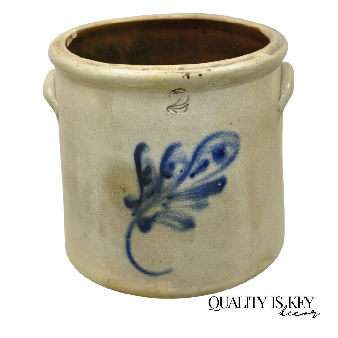 Antique Stoneware Two Gallon Crock with Cobalt Blue Slip Trailed Floral Design