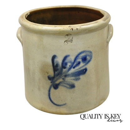 Antique Stoneware Two Gallon Crock with Cobalt Blue Slip Trailed Floral Design