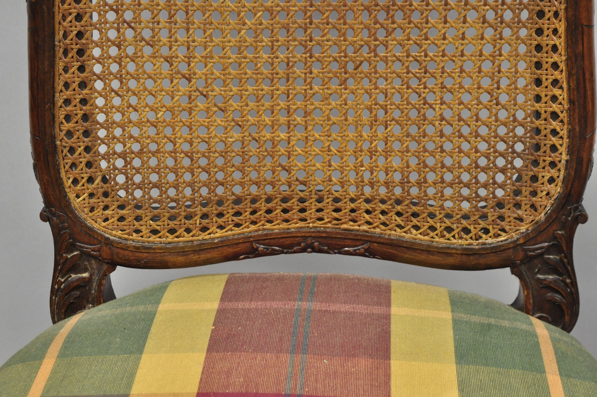 Antique French Country Louis XV Carved Walnut Cane Back Side Chairs - a Pair