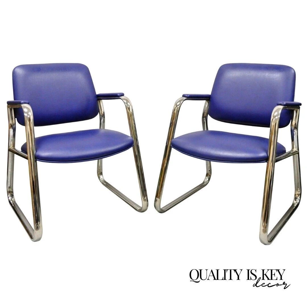 Vintage Lawsonia Stylex Mid Century Modern Blue Chrome Lounge Chairs - a Pair