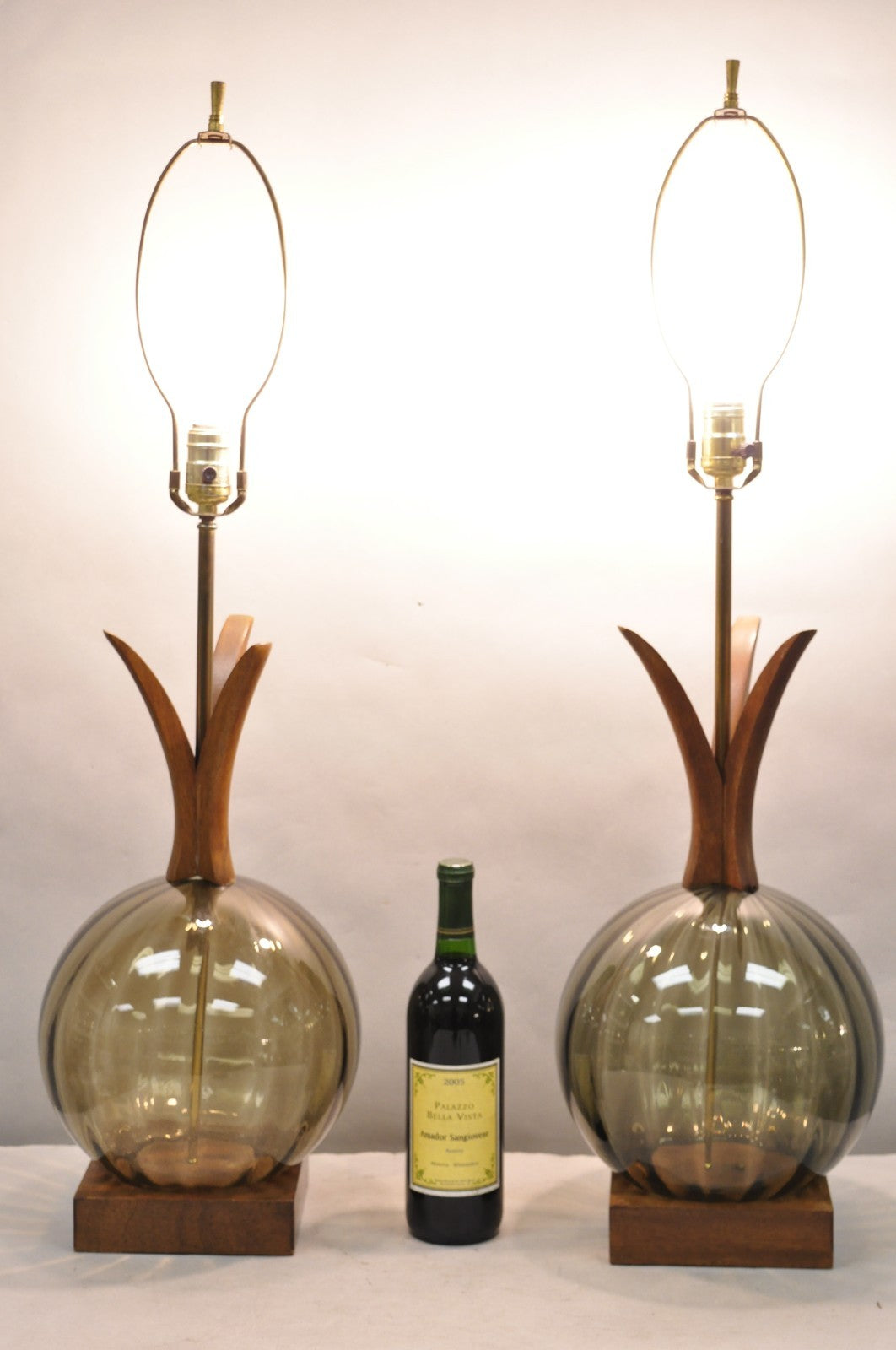 Vintage Mid Century Modern Ribbed Smoked Glass Orb Pineapple Table Lamps - Pair