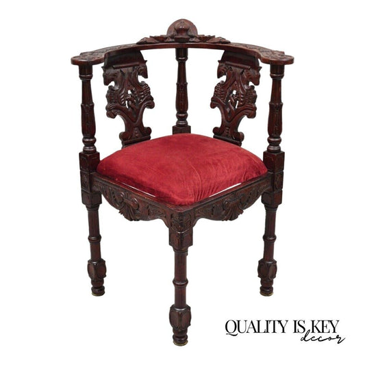 Renaissance Style Mahogany Corner Chair Side Chair with Carved Face