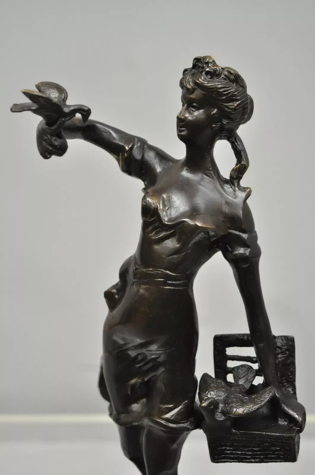 Vintage French Bronze Sculpture of Woman w/ Birds & Basket After Emile Guillemin