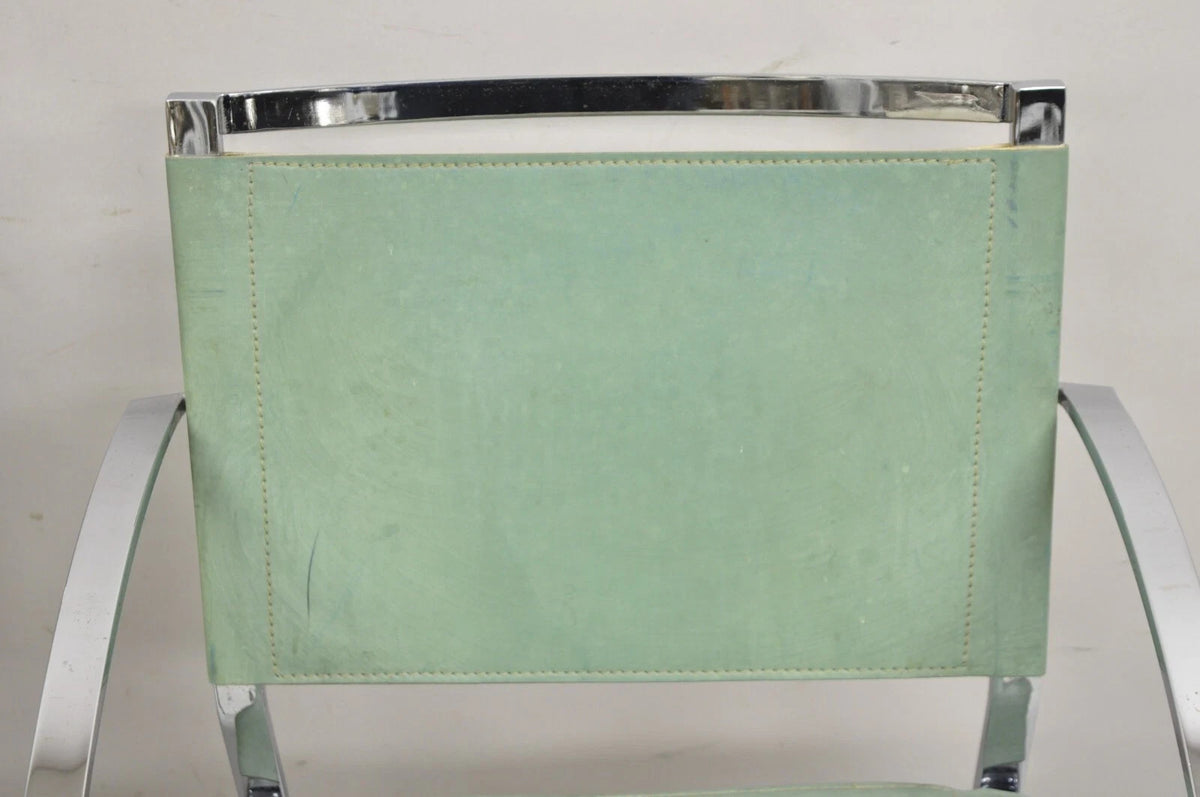 Italian Modern Naos Italy Teal Blue Leather Chrome "Corset" Arm Chairs - a Pair