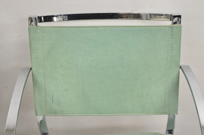 Italian Modern Naos Italy Teal Blue Leather Chrome "Corset" Arm Chairs - a Pair