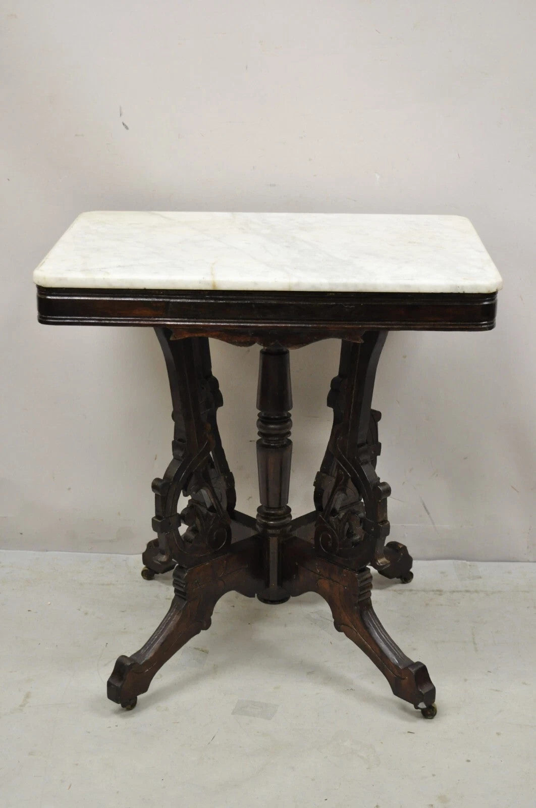 Antique Eastlake Victorian Marble Top Carved Walnut Parlor Accent Side Table