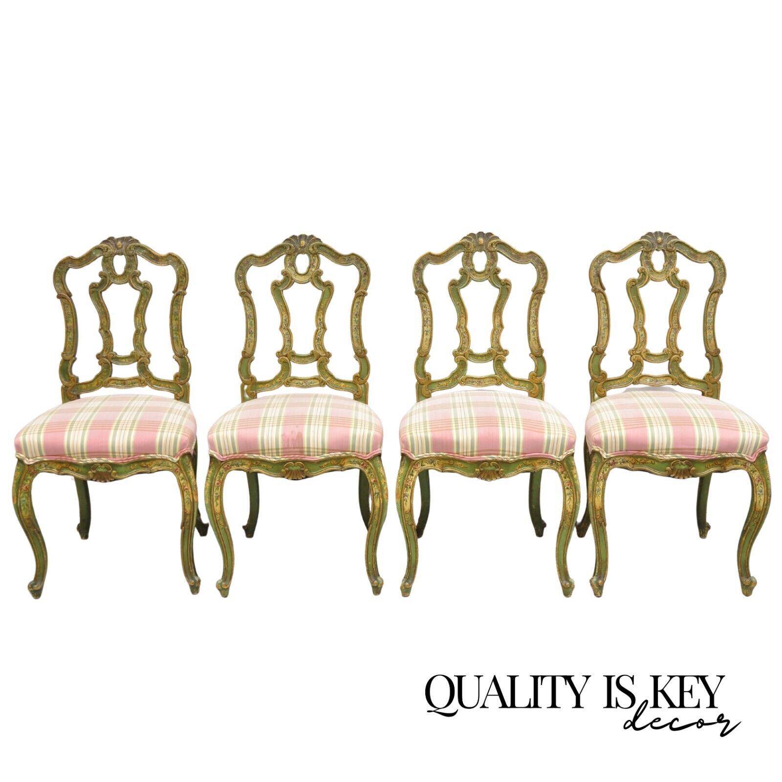 Antique Italian Venetian Green Floral Hand Painted Dining Side Chairs - Set of 4