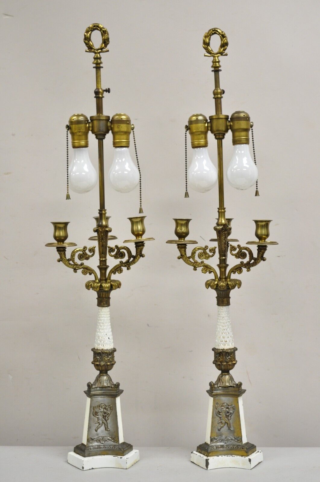 Vintage French Empire Style Candlestick Candelabra Brass Table Lamps - a Pair