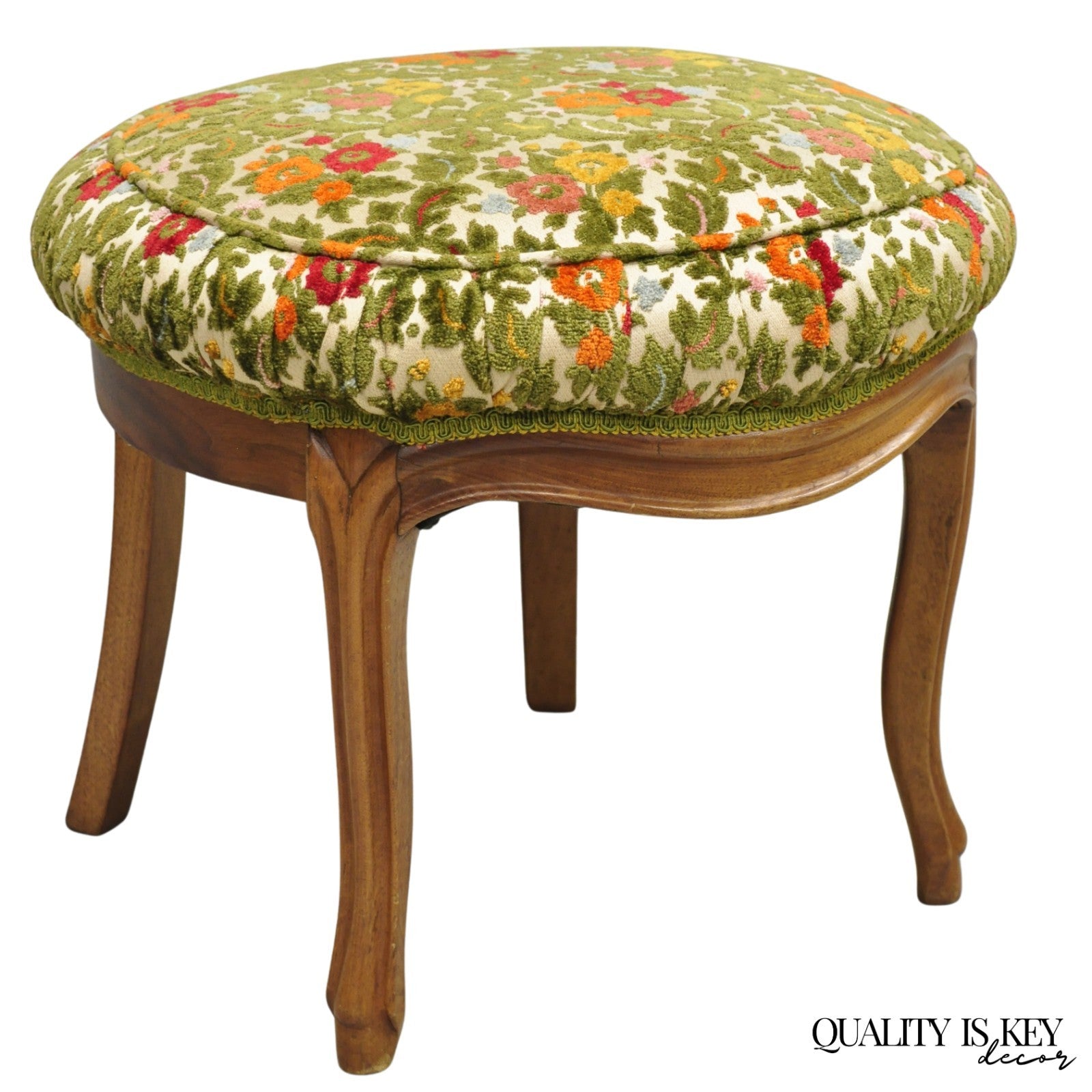Vintage French Country Provincial Style Walnut Round Seat Vanity Bench Stool
