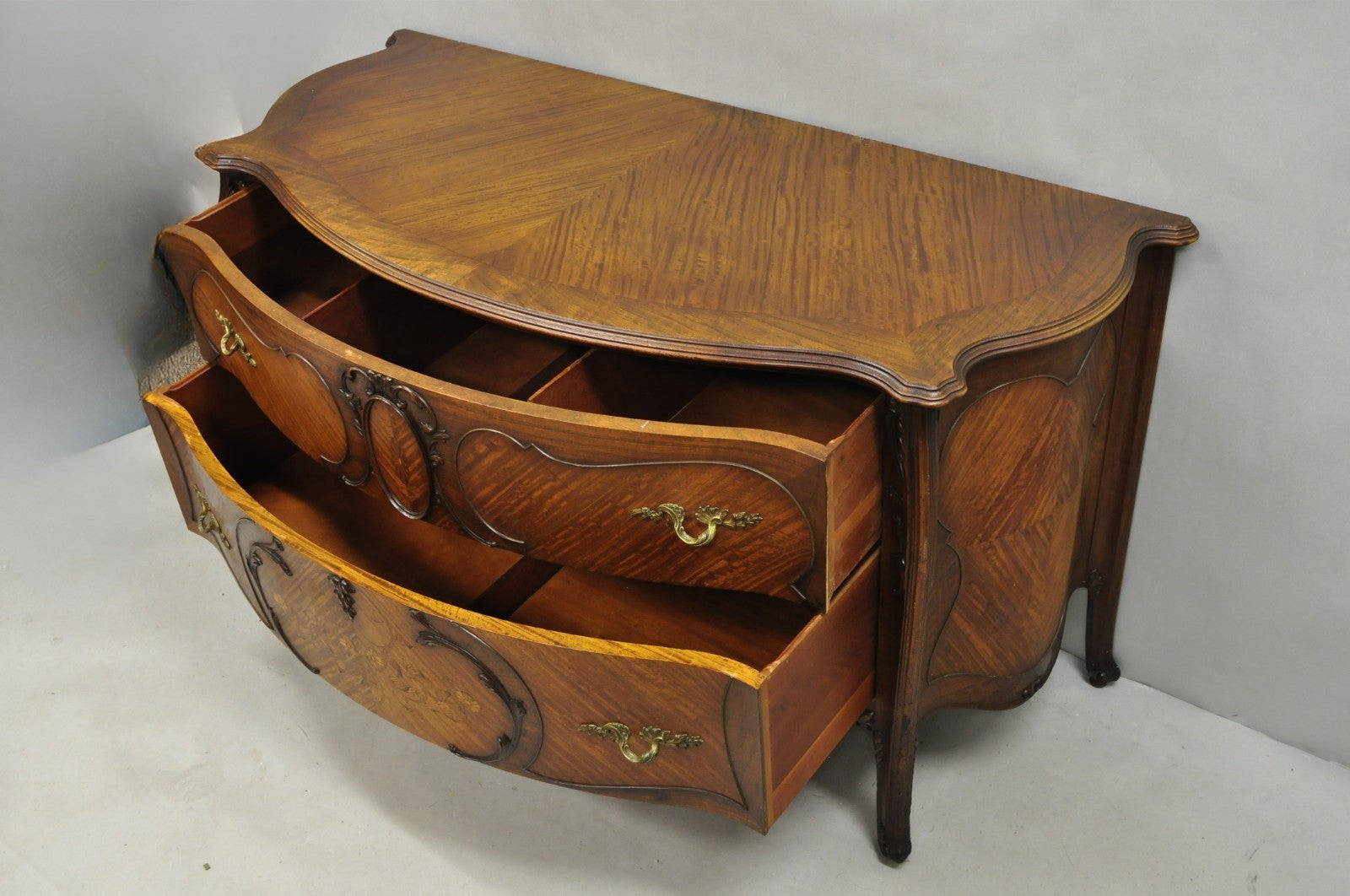 Antique French Louis XV Carved Walnut Inlaid Bombe Demilune Commode Dresser