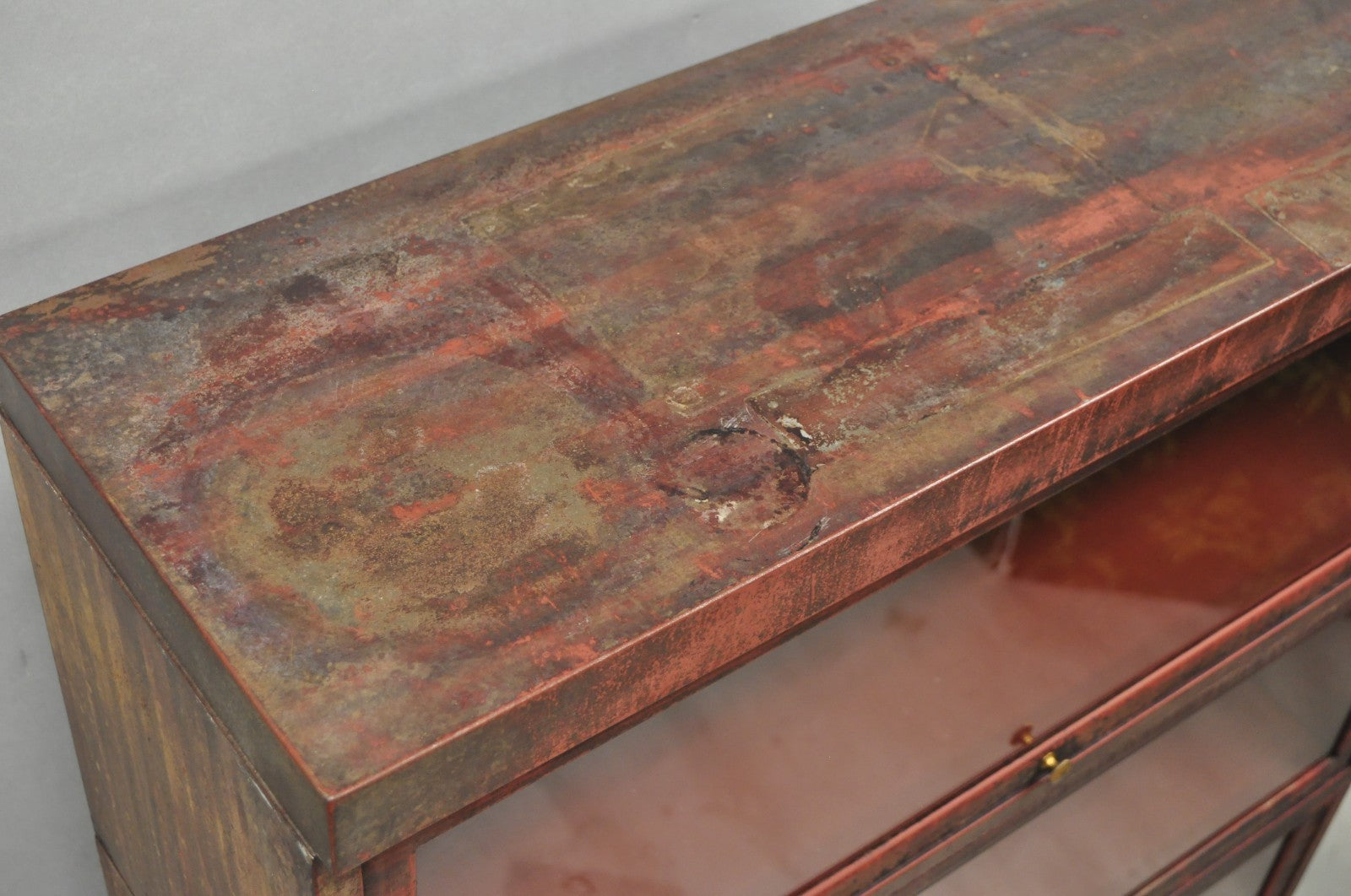 Vintage Industrial Steel Metal Faux Woodgrain Painted Stack Barrister Bookcase