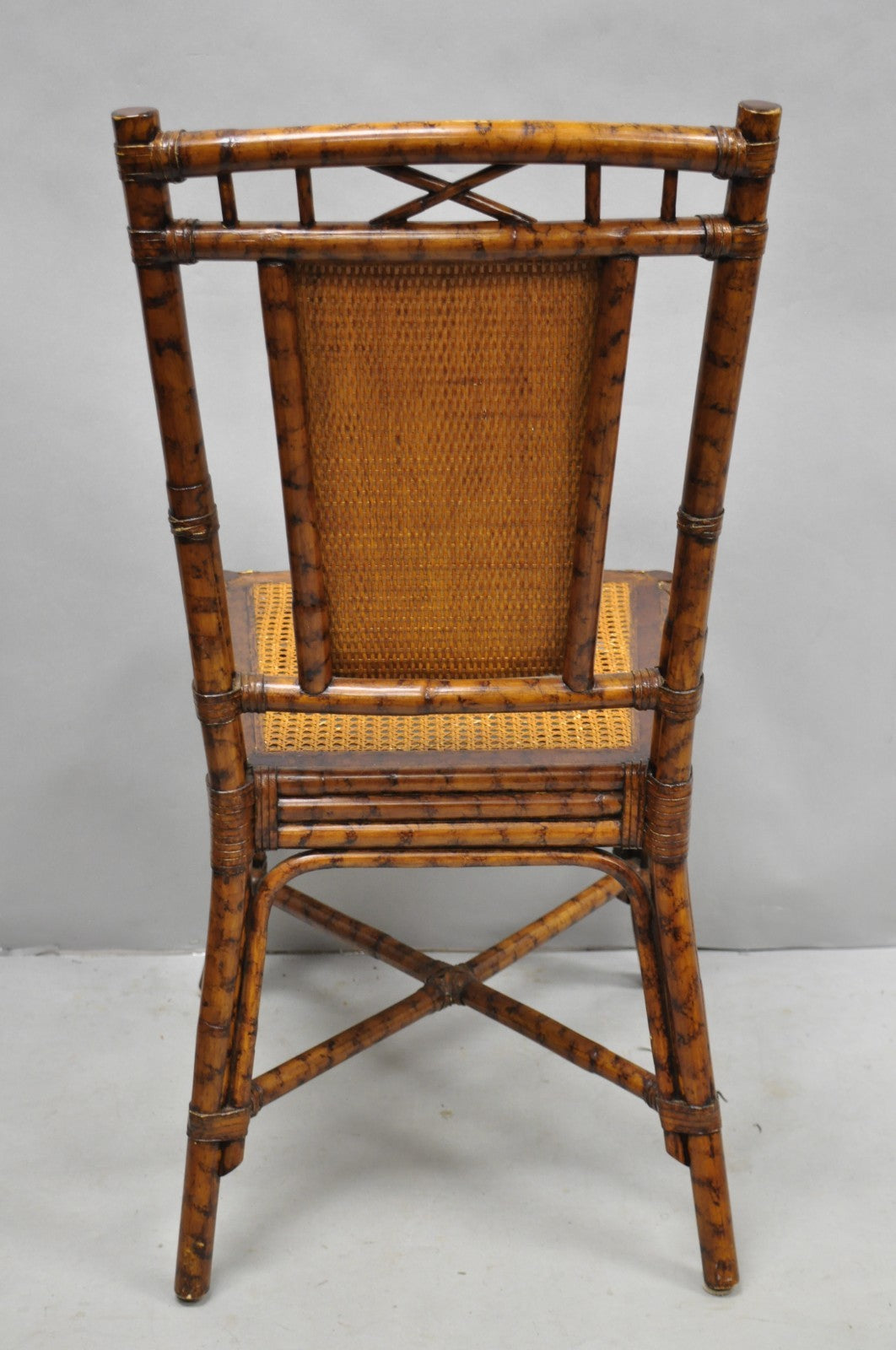 Hollywood Regency British Colonial Burnt Bamboo Cane Dining Chairs - Set of 4