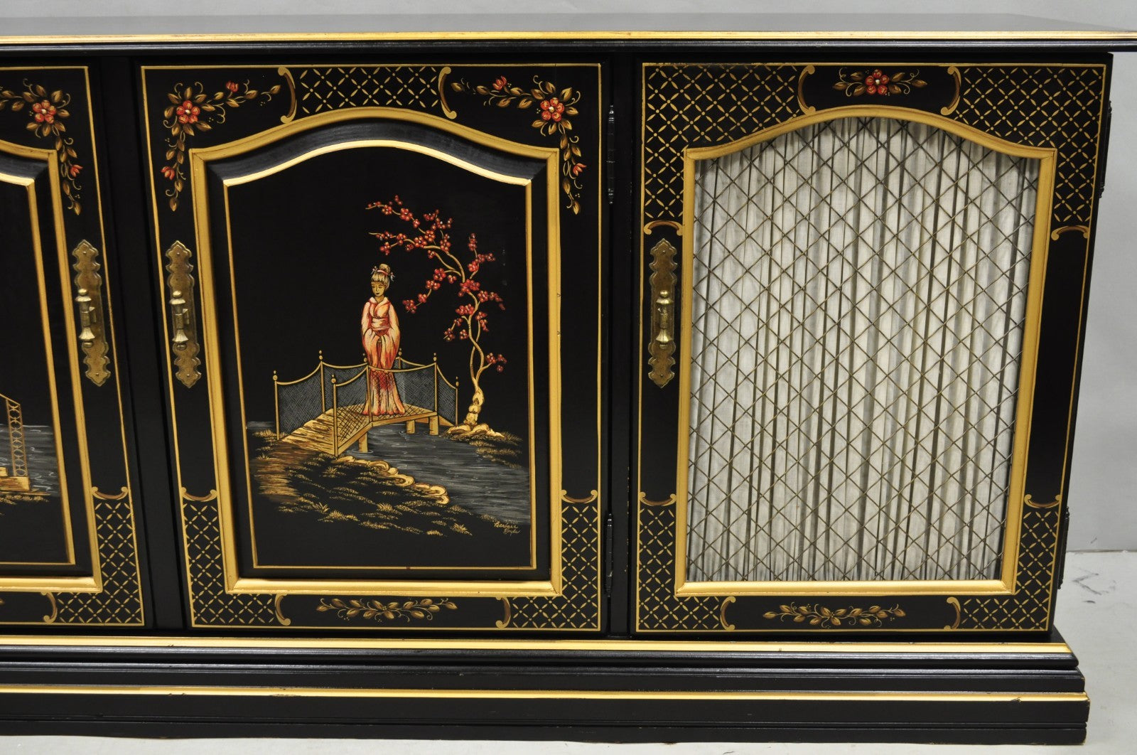 Habersham Chinoiserie Black Lacquer Credenza Buffet Media Entertainment Cabinet