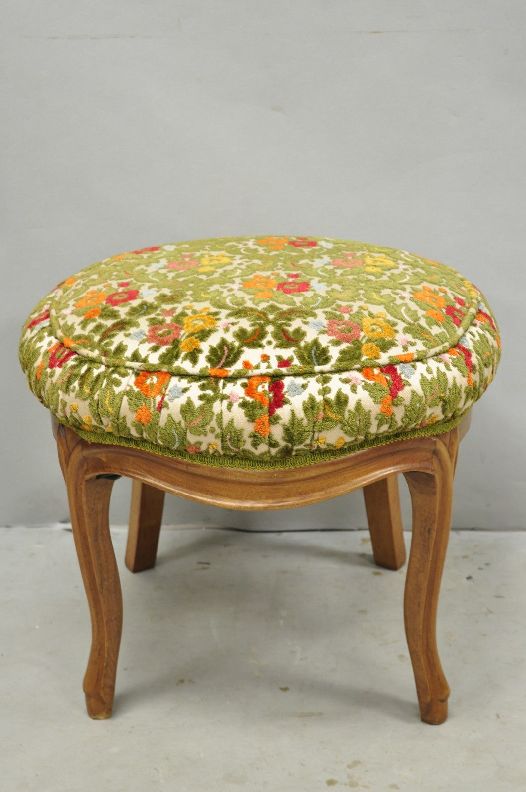 Vintage French Country Provincial Style Walnut Round Seat Vanity Bench Stool