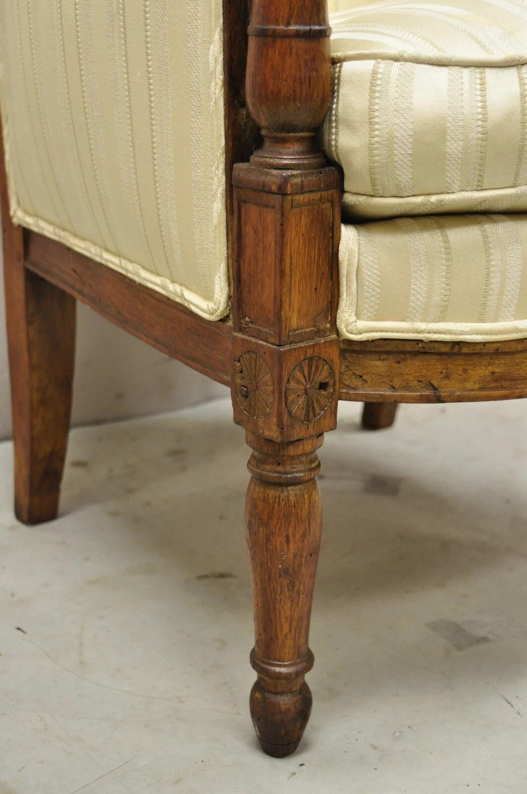 19th C. French Louis XVI Neoclassical Style Walnut Bergere Club Lounge Arm Chair