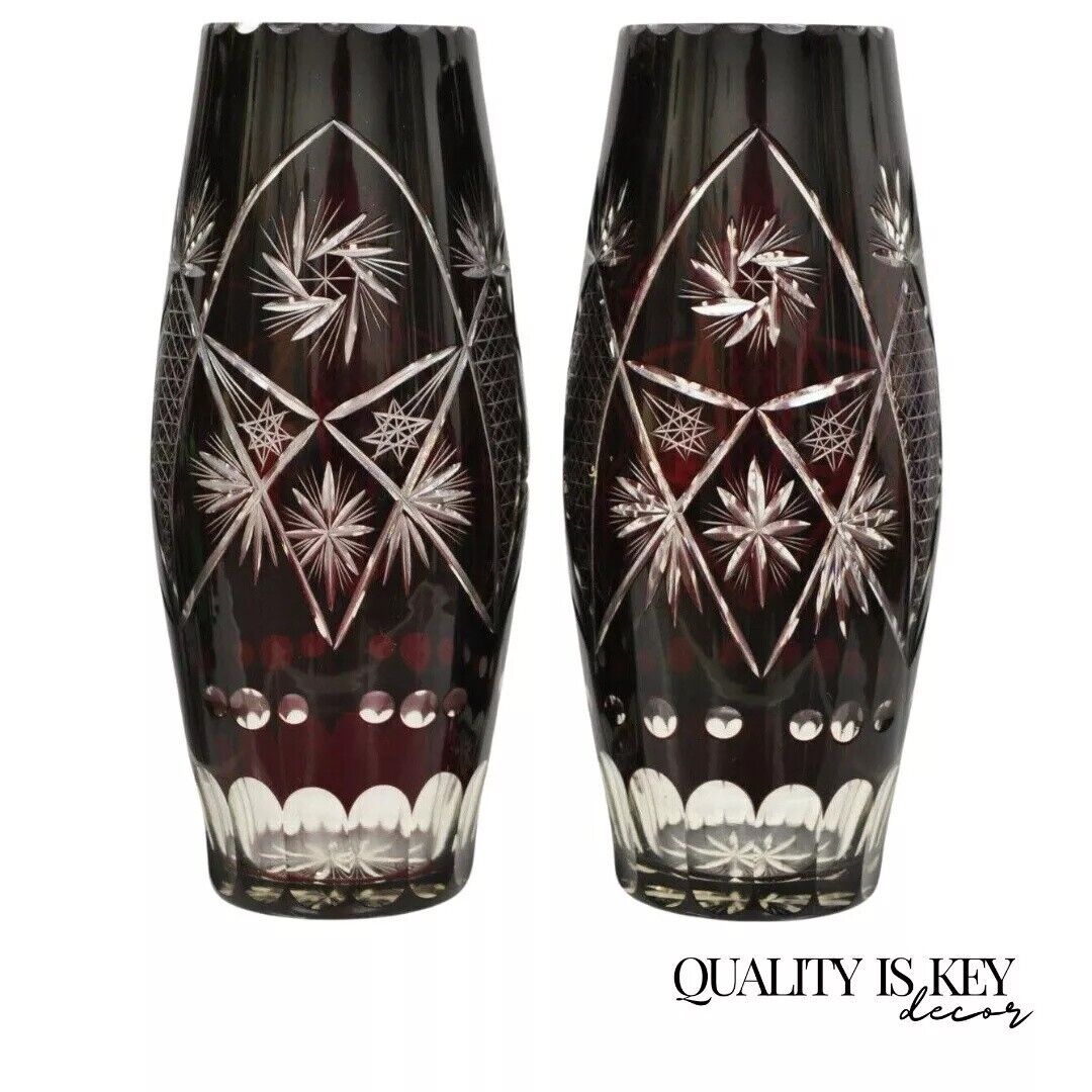 Vintage Bohemian Czech Cut to Clear Cranberry Ruby Glass 10.5" Bud Vase - a Pair
