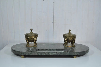 Antique French Empire Figural Bronze Sphinx Green Marble Desk Top Double Inkwell