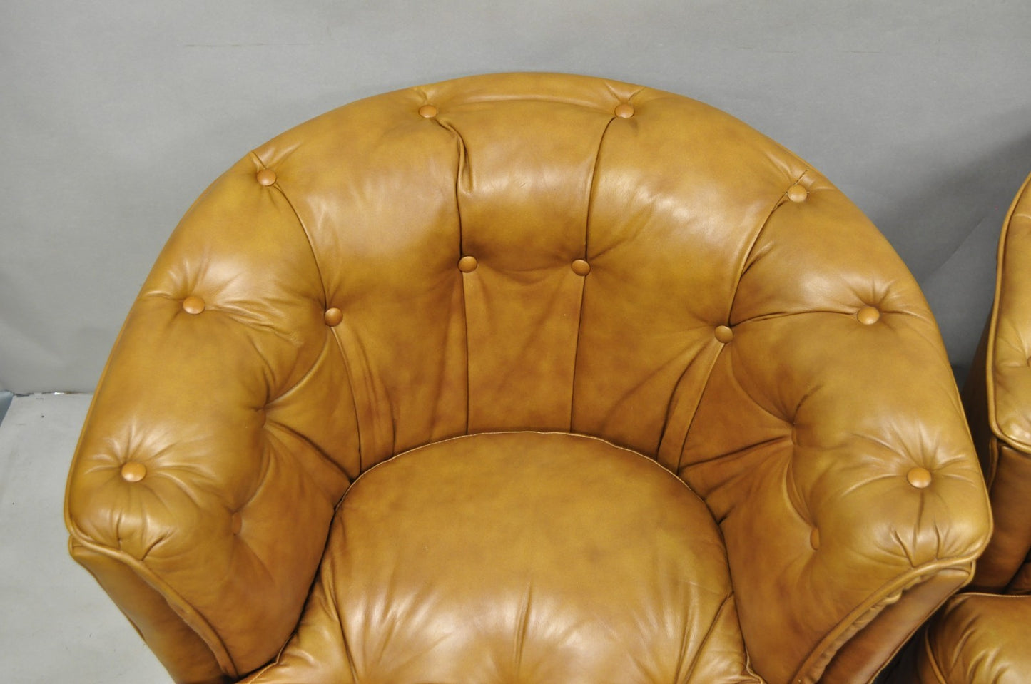 Vintage Classic Leather Chesterfield Brown Tufted Leather Barrel Club Chair Pair