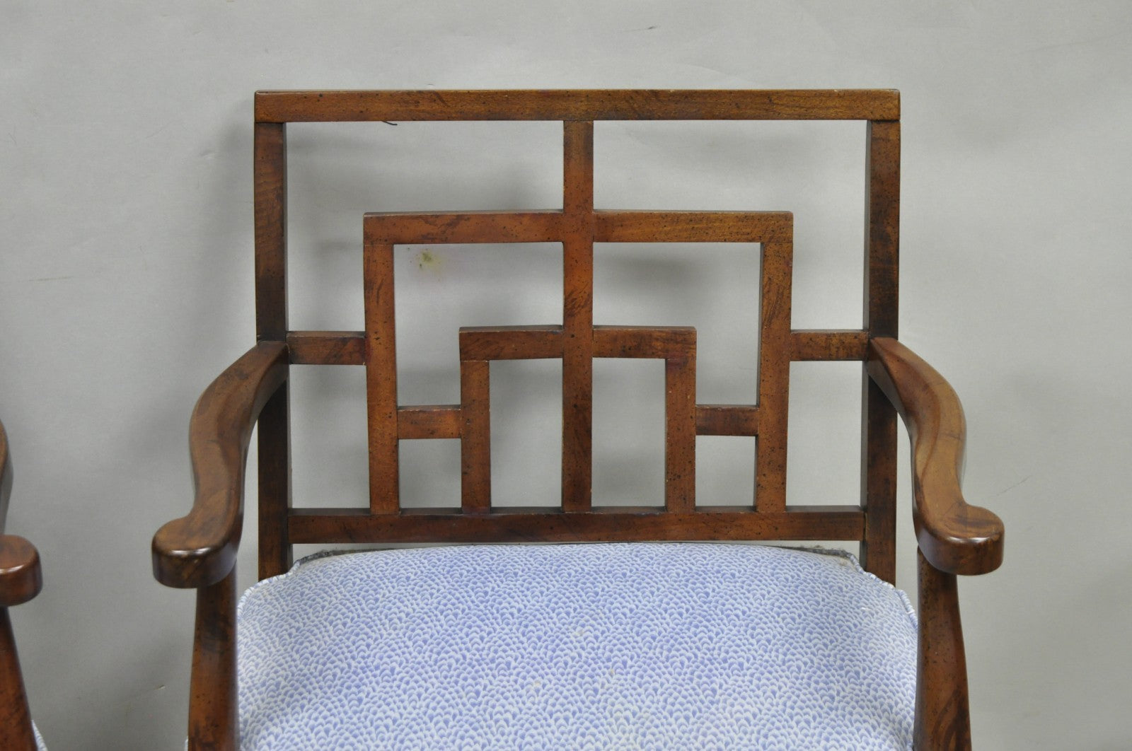 Vintage Chinese Chippendale James Mont Style Fretwork Lounge Arm Chairs - a Pair
