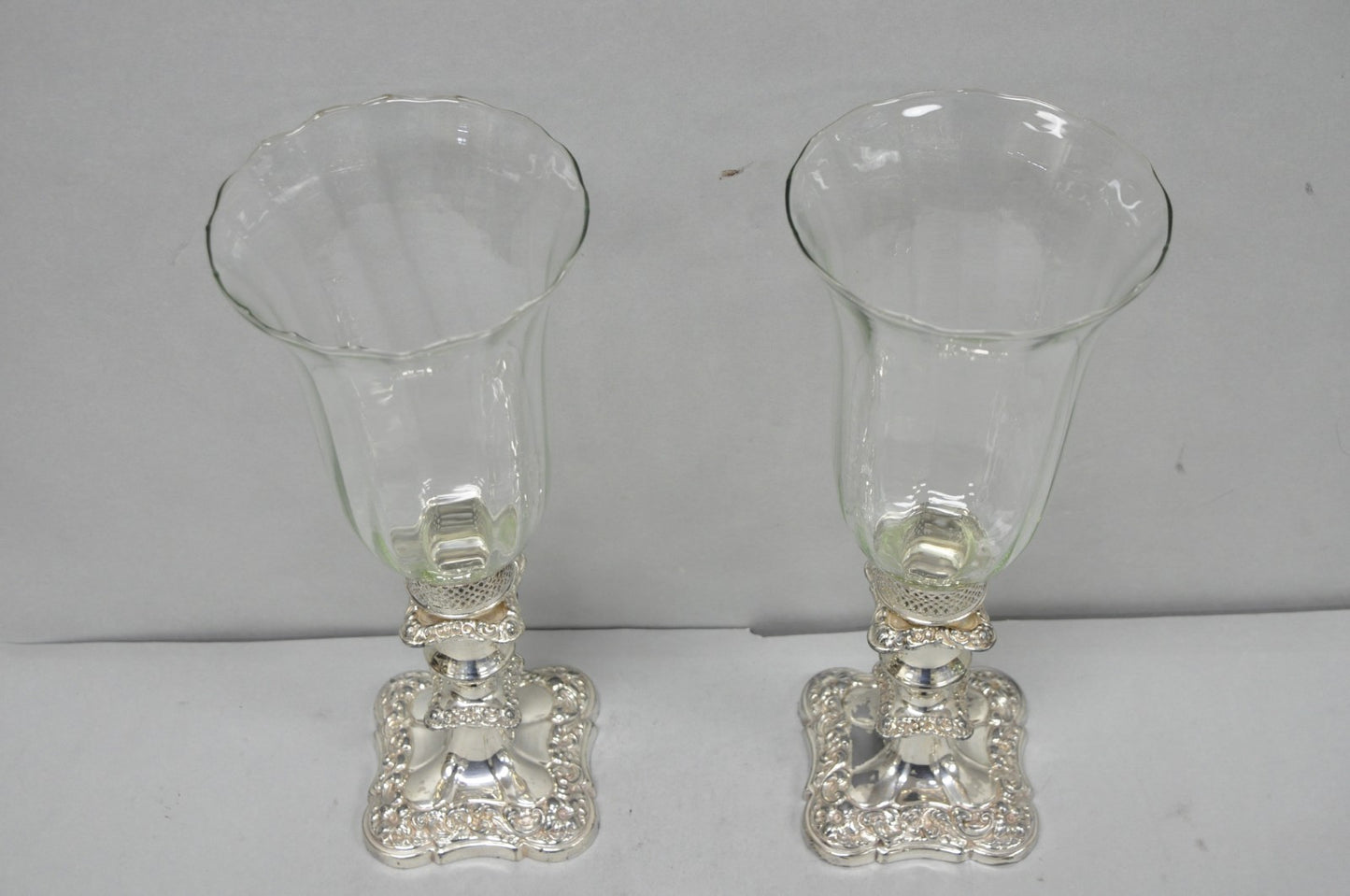 Antique Victorian Silver Plated Glass Hurricane Lamp Shade Candlestick - Pair