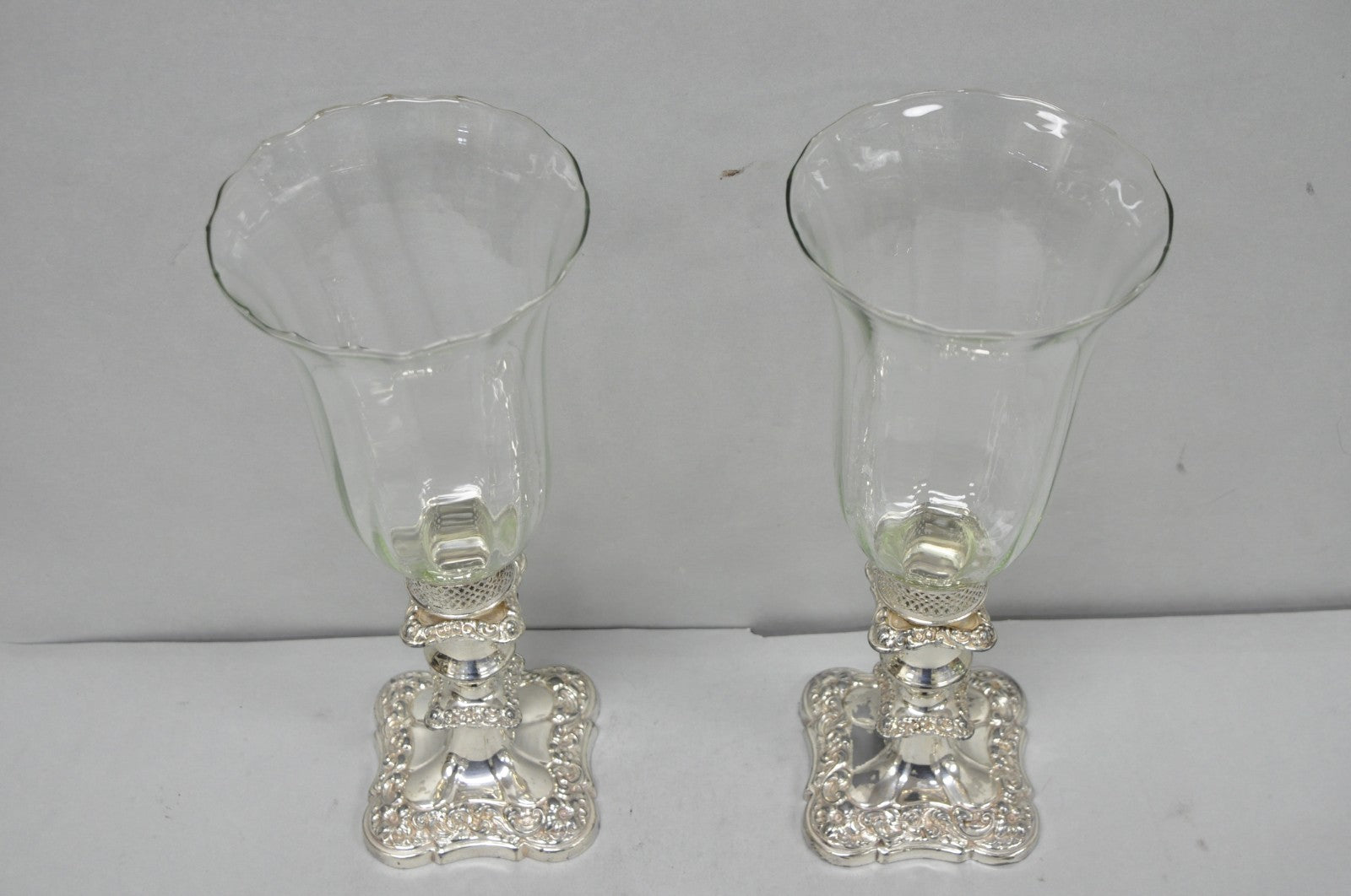 Antique Victorian Silver Plated Glass Hurricane Lamp Shade Candlestick - Pair