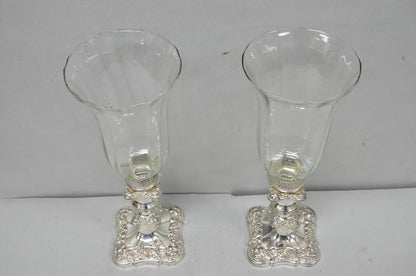 Antique Victorian Silver Plated Glass Hurricane Lamp Shade Candlestick - Pair