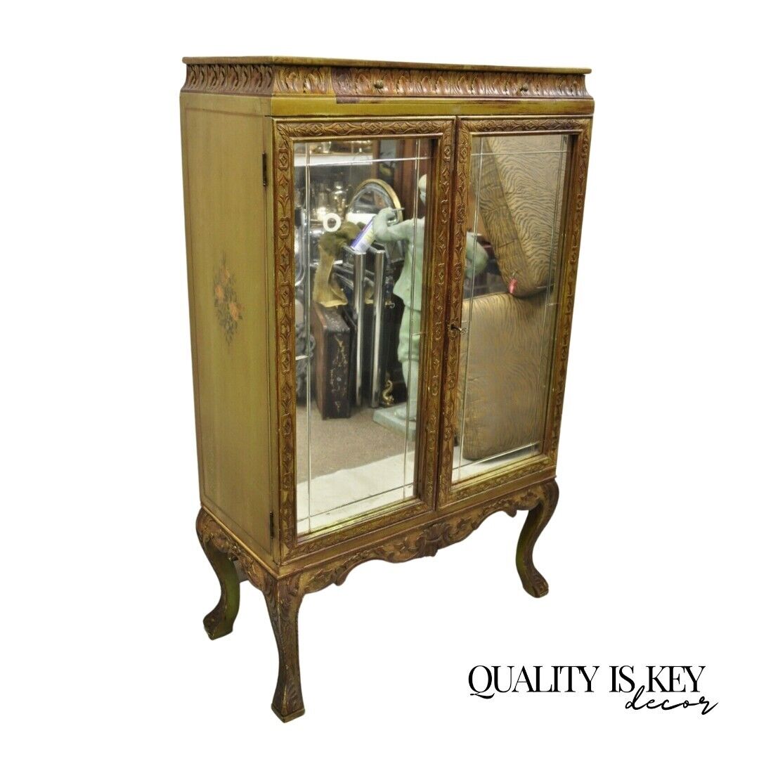 Antique Georgian Green Painted Mirror Front Blind Front China Curio Cabinet