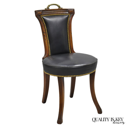 Vintage French Regency Style Carved Mahogany Black Leather Saber Leg Side Chair