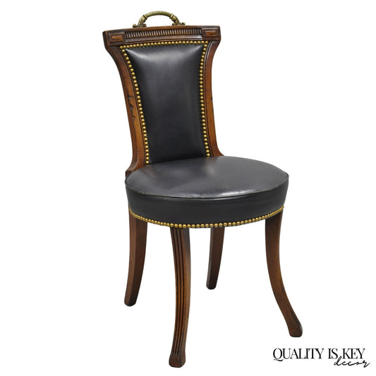 Vintage French Regency Style Carved Mahogany Black Leather Saber Leg Side Chair