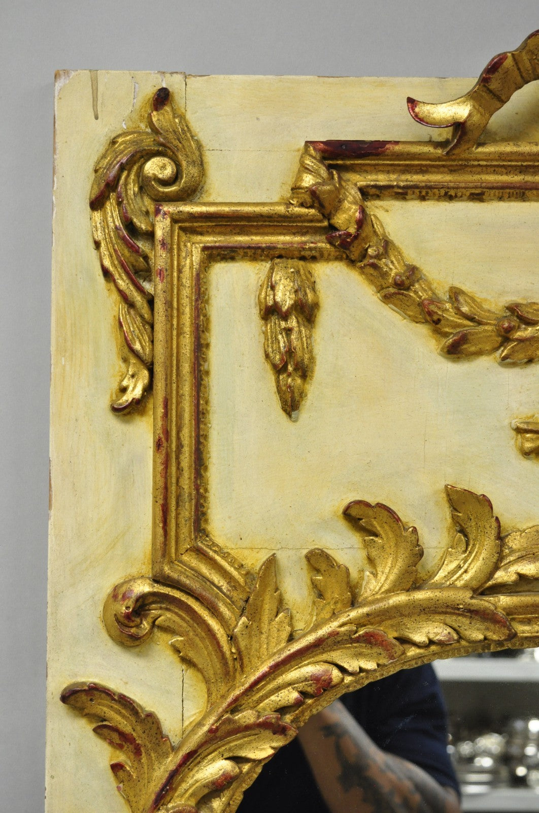 Antique French Louis XV Style Cream & Gold Gilt Drape Ribbon Trumeau Wall Mirror